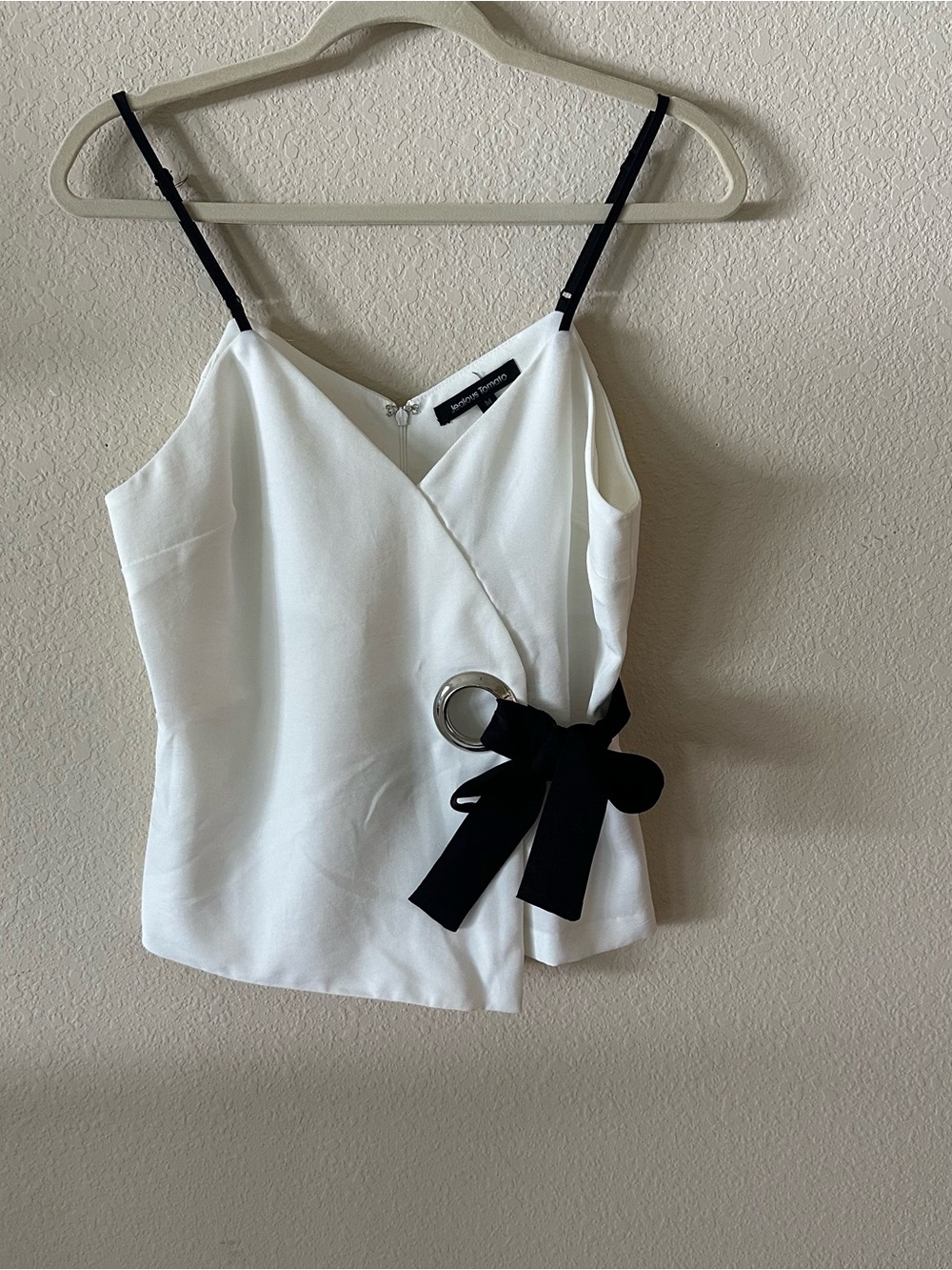 Jealous Tomato White Wrap Camisole with Black Bow & Ring size Medium